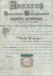 Diplom der Washington University von Phoebe Couzins, unterzeichnet von Präsident W.G. Eliot et al., 8. Mai 1871